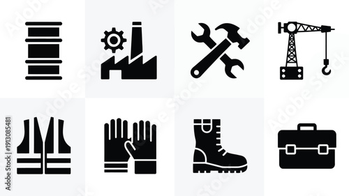 Engineering equipment icons set including industrial tools and machinery silhouette