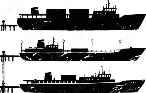 Silhouettes of three cargo ships docked at piers with containers and equipment detail