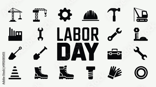 Labor day icon set featuring construction tools hard hats and industrial elements in black on a light gray background symbolizing hard work and industry