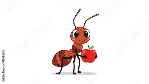 Adorable cartoon ant with a cheerful smile, diligently carrying a bright red apple, showcasing strength and industry.