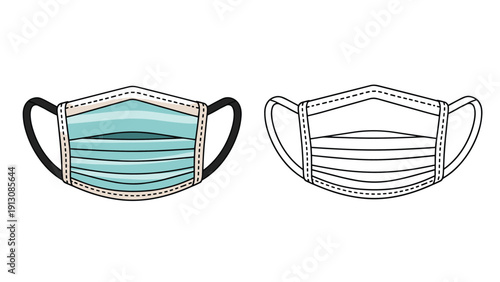 Essential item illustration featuring a colored surgical face mask alongside its black and white outline version for various uses.