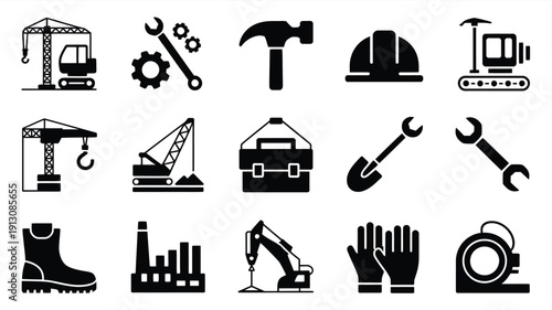 Construction icons set including tools vehicles hard hat safety gear and industrial equipment on white background for labor day best selling products and construction concepts