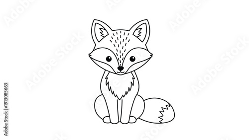Charming black and white outline drawing of a cute fox sitting gracefully, perfect for coloring and children's activities.