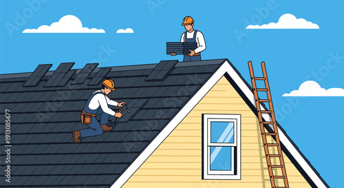 Roofers working on house roof replacement and repair.