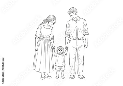 Family with one child holding hands.