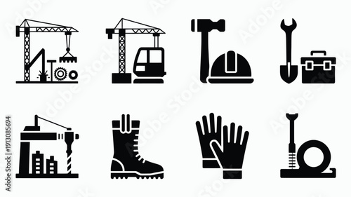 Construction icons set including crane hammer safety helmet tools and protective gear on white background for labor day