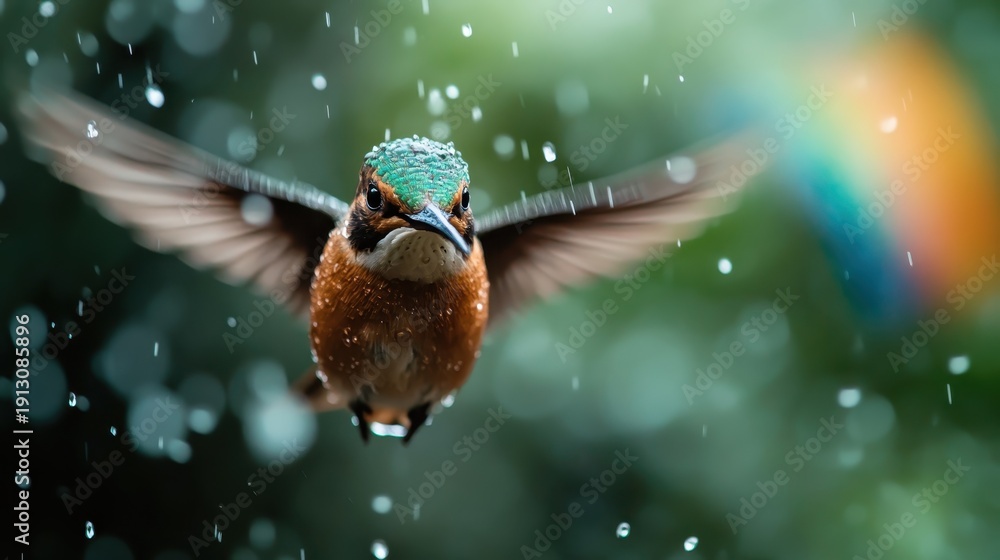 Fototapeta premium A beautiful hummingbird hovers in the rain, droplets glistening around it as it displays its iridescent feathers. This captivating image celebrates nature's beauty and resilience.