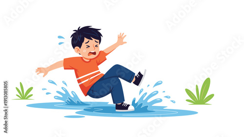 Dynamic cartoon illustration depicting a boy in the act of slipping and falling dramatically in a puddle of water.