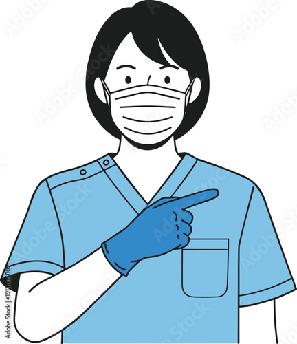 Female nurse wearing medical mask and gloves pointing gesture healthcare worker safety concept vector illustration isolated background - flat vector illustration