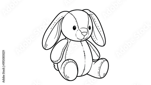 Adorable black and white outline drawing of a cuddly stuffed bunny toy, perfect for children's coloring activities and crafts.