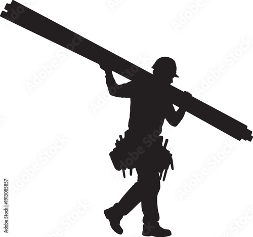 Construction Worker Carrying Large Pipe Silhouette Isolated on White Background