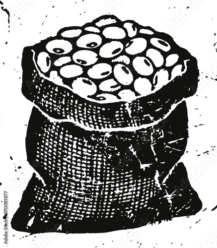 burlap sack filled with beans illustration rustic agricultural harvest concept drawing in black and white