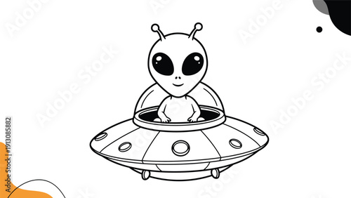 Amusing black and white outline drawing of a cute alien piloting a classic UFO, with abstract shapes for added flair.
