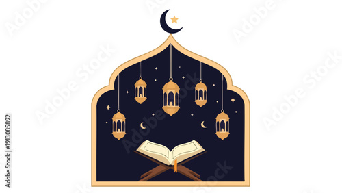 Illustration of a mosque archway with lanterns, crescent moon, and open book on a white background with dark blue and gold colors.