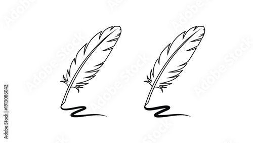Elegant pair of feather quills with flowing ink trails, rendered in a simple black and white outline drawing style, perfect for writing concepts.