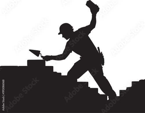 Construction Worker Applying Mortar to Brick Wall Silhouette