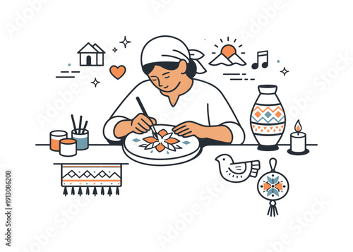 Folk art and cultural heritage. A craftsperson carefully creating traditional patterns by hand, expressing continuity, memory, and respect