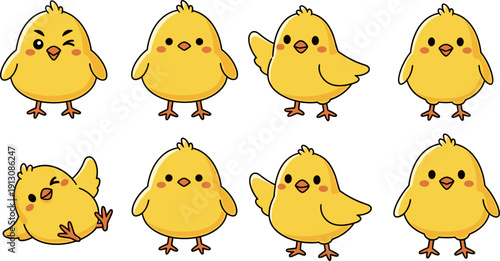 Cute cartoon chick character collection, adorable yellow baby chicken in different poses isolated on white background for kids illustration design