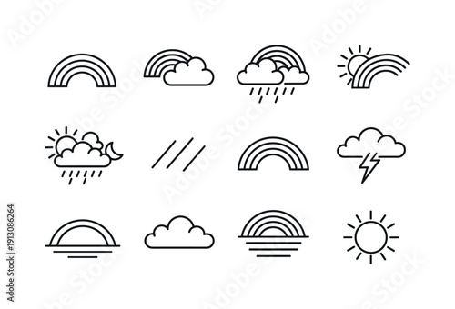Rainbow Weather Icons. Rainbow Weather Icons. Line icon set of Rainbow Weather Icons: rainbow arc, rainbow cloud, rain with rainbow, sun with rainbow, weather