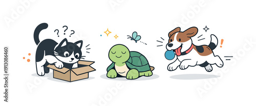 Animal personalities and quirks. A playful scene with different animals showing unique character traits, like a curious cat, a calm turtle,