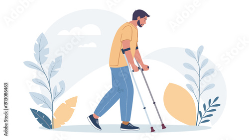 Young man using crutches while walking outdoors in nature  