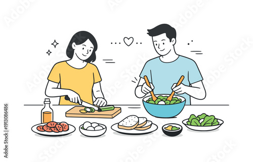 Shared home moments. A couple preparing a simple meal together, plates and ingredients neatly arranged on the counter. Calm, balanced