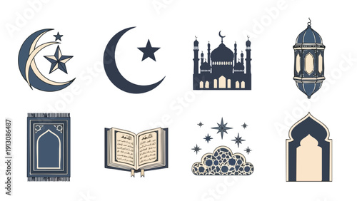 Flat lay of various Islamic icons and symbols including a mosque, crescent moon, stars, lantern, and Quran on a white background with a dark blue and gold color scheme.