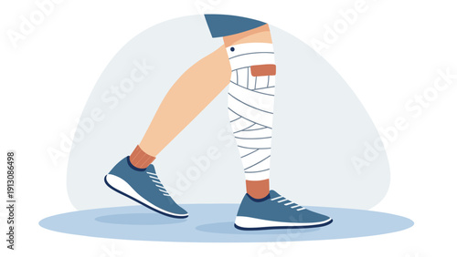 Man walking with a bandaged leg in blue sneakers and casual shorts  