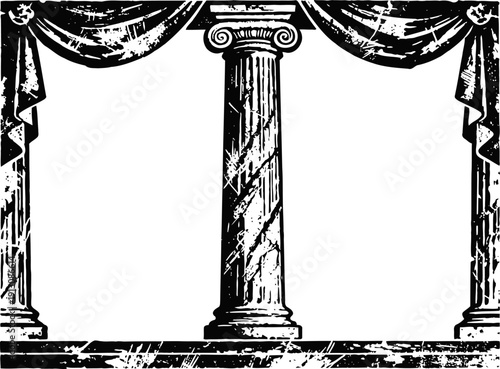 Vintage classical architecture frame with three marble columns and decorative drapery