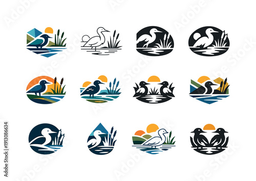 Birdwatching Icon Set. Ornithological tourism and birdwatching in rare habitats. Icon set. Set Logo of Ornithological tourism and birdwatching in
