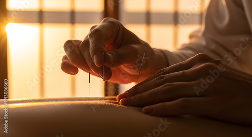 Serene acupuncture treatment with golden sunlight