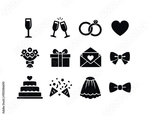 Wedding Toast. Solid icon set of Wedding Toast: champagne flute, clinking glasses, wedding rings, heart symbol, flower bouquet, gift box,