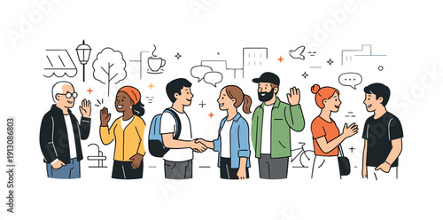 Multicultural Urban Interaction. Street scenes reflecting multicultural interactions. Diverse people greeting each other on a city street, exchanging smiles