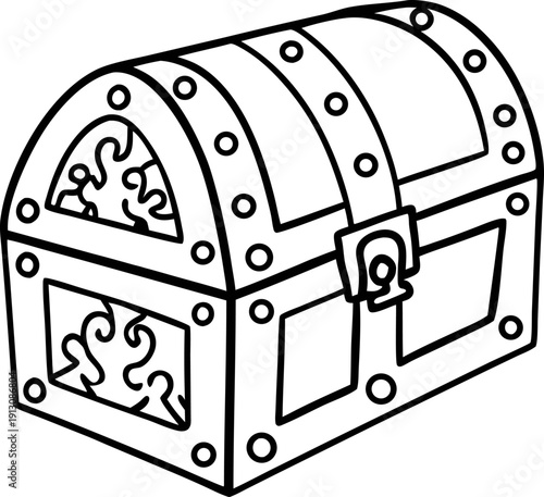 Old fashioned treasure chest with metal rivets and lock, vintage wooden box illustration