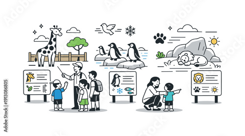 Animal interactions in zoos and wildlife parks. Guided tour with informational signs and simple icons near animal habitats. Calm educational