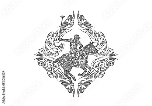 Polo Player on Horseback with Ornate Swirls Emblem.