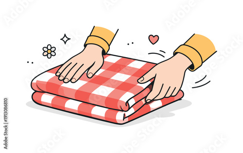 Folding Picnic Blanket. Picnic blanket folds. Hands gently folding a picnic blanket, expressing care, routine, and quiet outdoor preparation. Friendly and