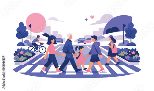 Modern Urban Streetscape. Human-scale streetscape. Pedestrians crossing slowly, greenery dividing bike lanes