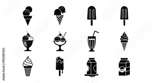 Black and white icons depicting various frozen dessert treats