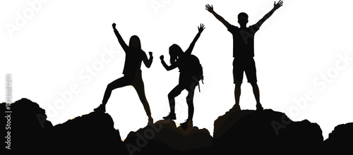 Group of hikers celebrating on mountain peak silhouette adventure travel success teamwork outdoor hiking people vector illustration - flat vector illustration