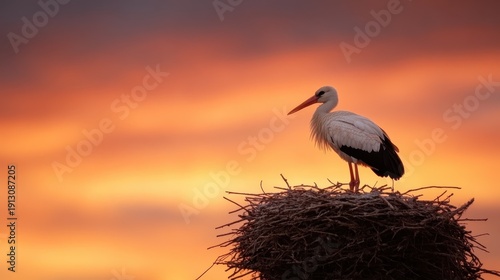 An elegant white stork stands serenely on its nest against a vibrant sunset, symbolizing family, nurturing, and the beauty of nature in peaceful coexistence.