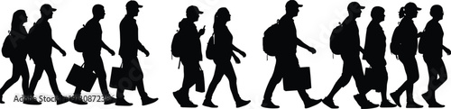 People walking silhouettes with backpacks and briefcases, men and women pedestrian figures in black and white vector illustration