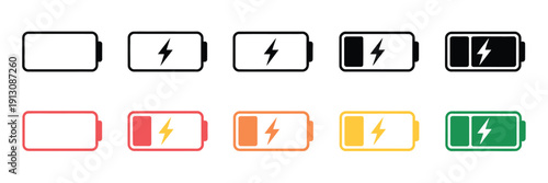 Set of battery icons on a white background, featuring charging symbols, power levels, and energy indicators in vector format.