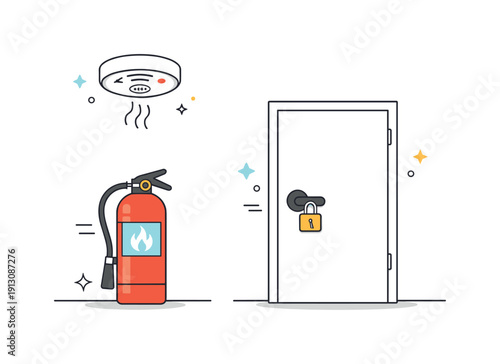 Home safety measures. A minimal scene showing smoke detector, fire extinguisher, and locked door in a tidy interior. Calm colors and clear