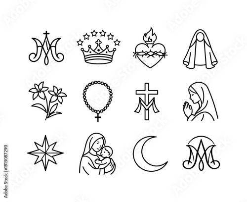 Marian Symbols. Line icon set of Marian Symbols: Marian monogram, crown with stars, immaculate heart, blue mantle, lilies of purity, rosary