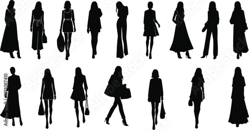 Stylish women silhouettes collection with handbags and elegant outfits, black and white fashion vector illustration isolated on white background