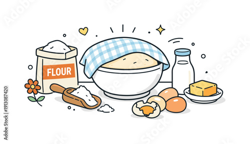 Preparing Easter dough. A bowl with risen dough covered by a towel, simple ingredients like flour and eggs nearby. Clean editorial still life