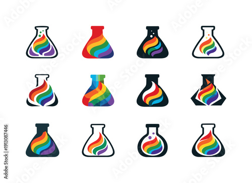 DIY Science Icons. DIY science art experiments. Icon set. Set Logo of DIY science art experiments: flask with rainbow swirl. harmonious logo variations of the