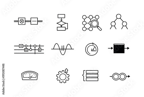   Quantum Algorithms. Line outline icon set of Quantum Algorithms: quantum logic gate,
