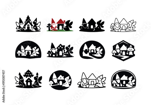 Whimsical Garden Icon Set. Decorating outdoor spaces with garden gnomes and figurines. Icon set. Set Logo of Decorating outdoor spaces with garden gnomes and